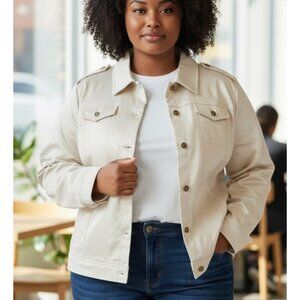 Joan Rivers Signature Twill Button-Front Jacket Sz 3X Stretch Ivory Cream Neutra